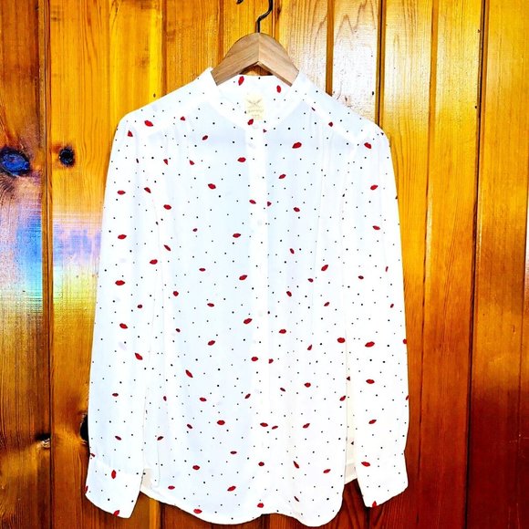 Faded Glory Top S 4-6 Womens Tunic Button Down Polka Dot Band Collar Kiss Lip - Picture 1 of 8